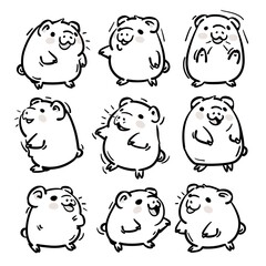 Nine cute pig illustrations, various poses, white background, animation sheet, children's book