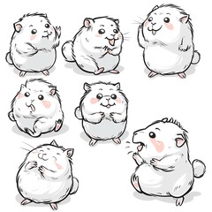 Cute Hamster Poses Illustration Set, White Background, Cartoon Style, Digital Art, Social Media