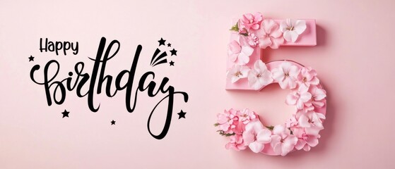 Naklejka premium Happy 5th Birthday Floral Number Five Pink Background Celebration