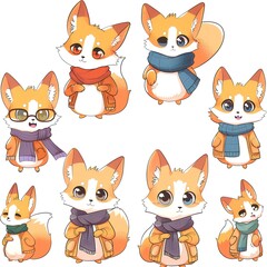 Obraz premium Adorable fox characters, winter scarves, white background, sticker sheet design