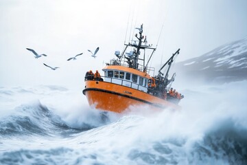 A fishing boat navigating through choppy waves, with the crew braving the weather as seagulls fly overhead