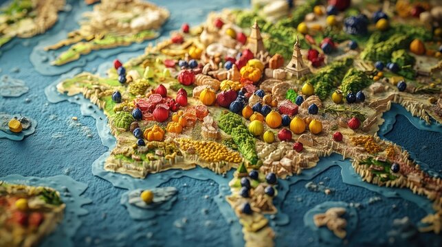 A vibrant map of France highlighting its culinary regions, showcasing local specialties artistically