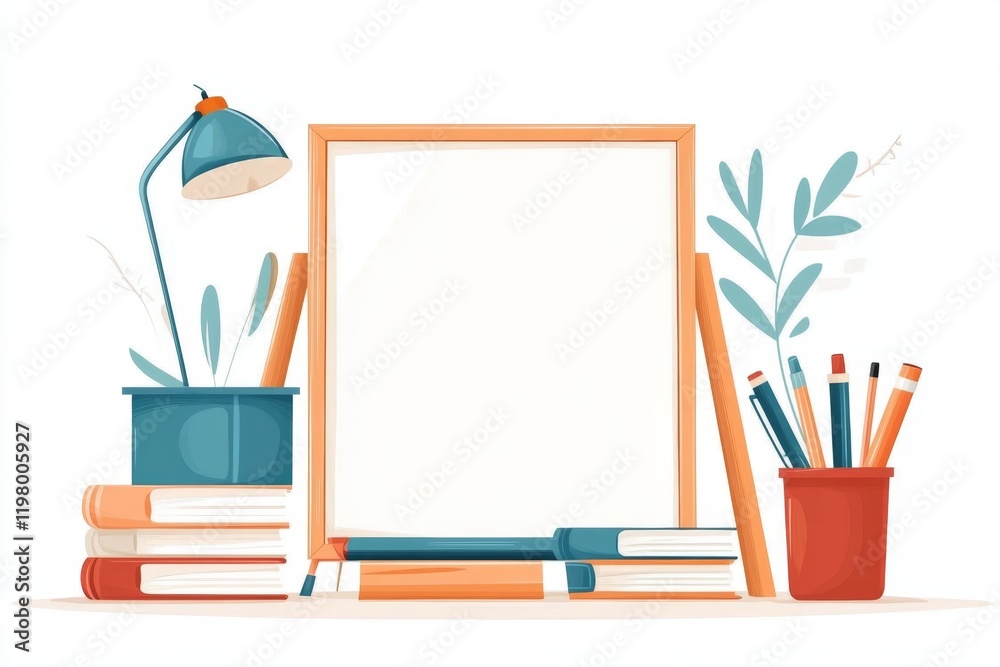 Poster a flat 2d illustration of a simple whiteboard with a marker tray, drawn with clean lines and soft pa