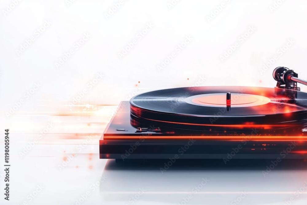 Poster a flat 2d illustration of a vinyl record player with a glowing red light, set on a clean white backg