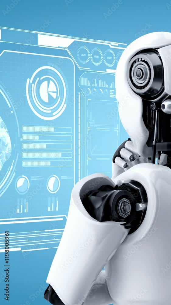Poster thinking ai hominoid robot analyzing hologram screen showing concept of ai brain and artificial inte