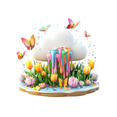 Whimsical Rainbow Cloud Dripping Over Spring Tulips and Butterflies