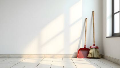 Minimalistic broom and dustpan in sunlight