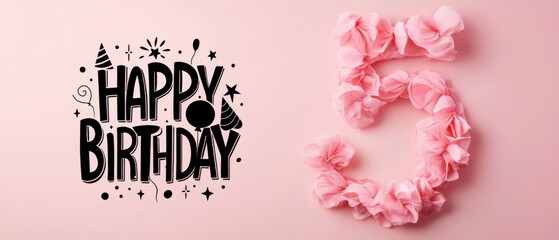 Naklejka premium Happy 5th Birthday Pink Floral Number Five with Festive Typography