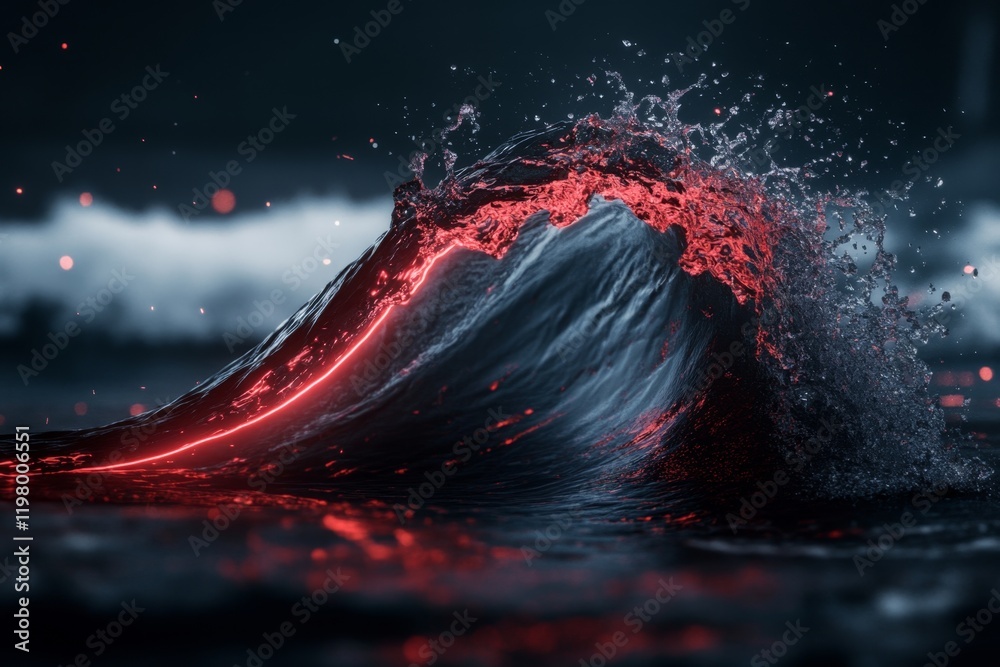 Poster a futuristic wave made of glowing neon lines, cresting dramatically in a dark digital ocean with a c