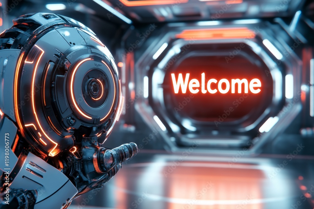 Poster a futuristic welcome desk in a sleek, high-tech building with glowing holographic â€œwelcomeâ€ text