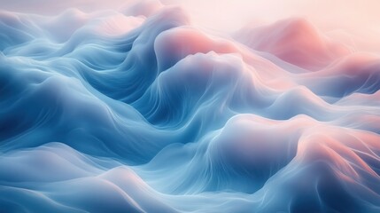 Soft blue and pink abstract waves are creating a beautiful surreal landscape resembling smooth hills at sunset, perfect for backgrounds and designs