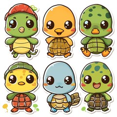 Obraz premium Cute cartoon turtles and ducklings sticker set, playful design, white background, for children's products