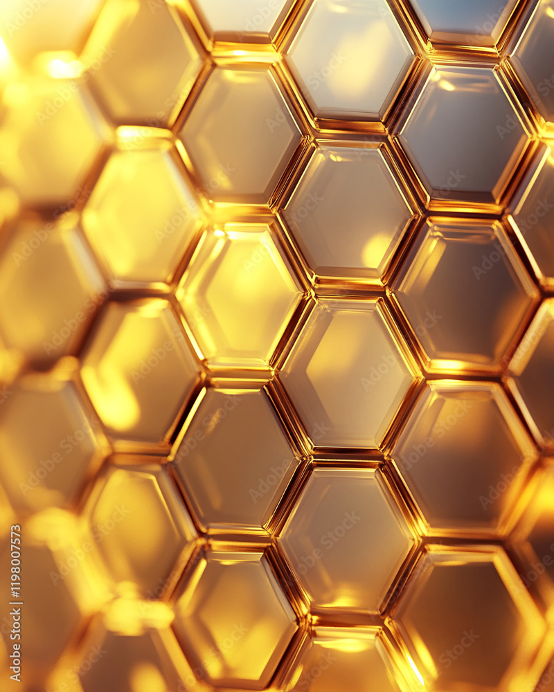 Poster Close-up of golden hexagonal honeycomb pattern with reflections and light