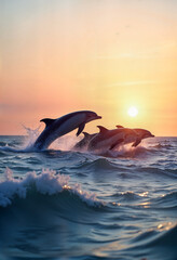 Dolphins jumping out of the ocean at sunrise