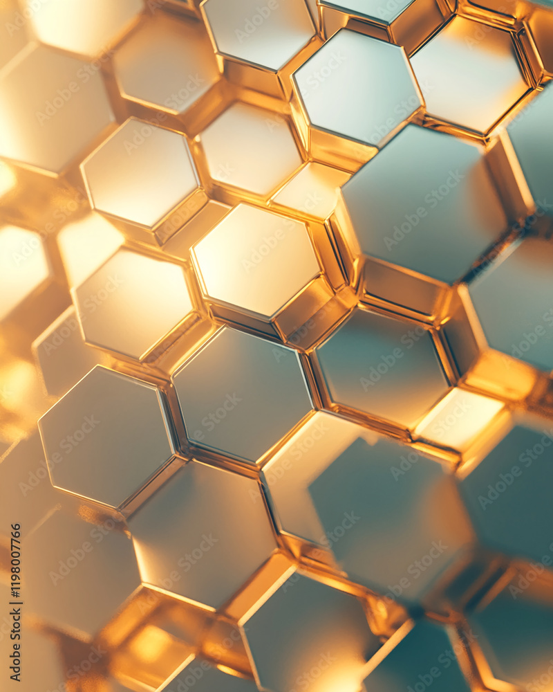 Poster Close-up of golden hexagonal honeycomb pattern with light reflections