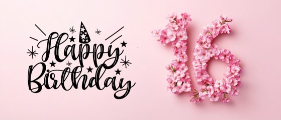 Naklejka premium Happy 16th Birthday Floral Arrangement: Pink Flowers Number Sixteen