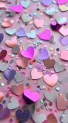 Obraz premium Valentine's Day background with heart-shaped confetti in pink, purple, and silver