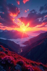 Luminous threads woven into sunset sky from mountaintop loom, golden, texture