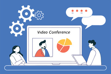 Online meeting, video conference, remote work, digital collaboration, flat illustration, computer screen, pie chart presentation, virtual team, speech bubbles, question mark, diverse avatars, blue bac