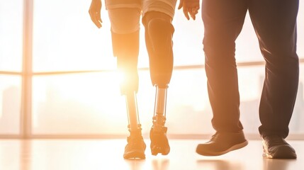 A person with a prosthetic leg walks alongside a companion in a sunlit space
