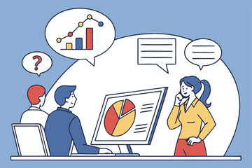 Online meeting, video conference, remote work, digital collaboration, flat illustration, computer screen, pie chart presentation, virtual team, speech bubbles, question mark, diverse avatars, blue bac