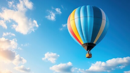 Naklejka premium Colorful Hot Air Balloon Soaring Through a Sunny Sky