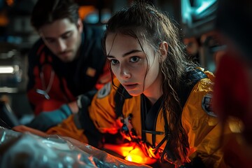 Woman and man in a rescue operation, intense expression