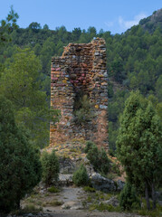 This image depicts an old stone tower ruin, partially overgrown with vegetation.
