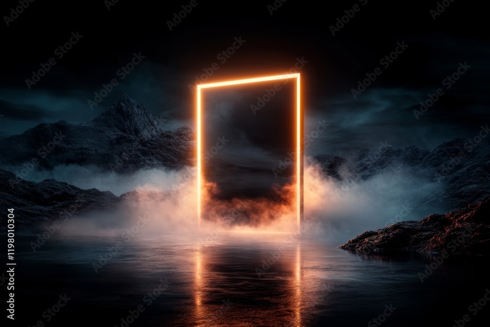 Poster A minimalist concept of an open door with soft light shining through, symbolizing a warm welcome in muted blue tones