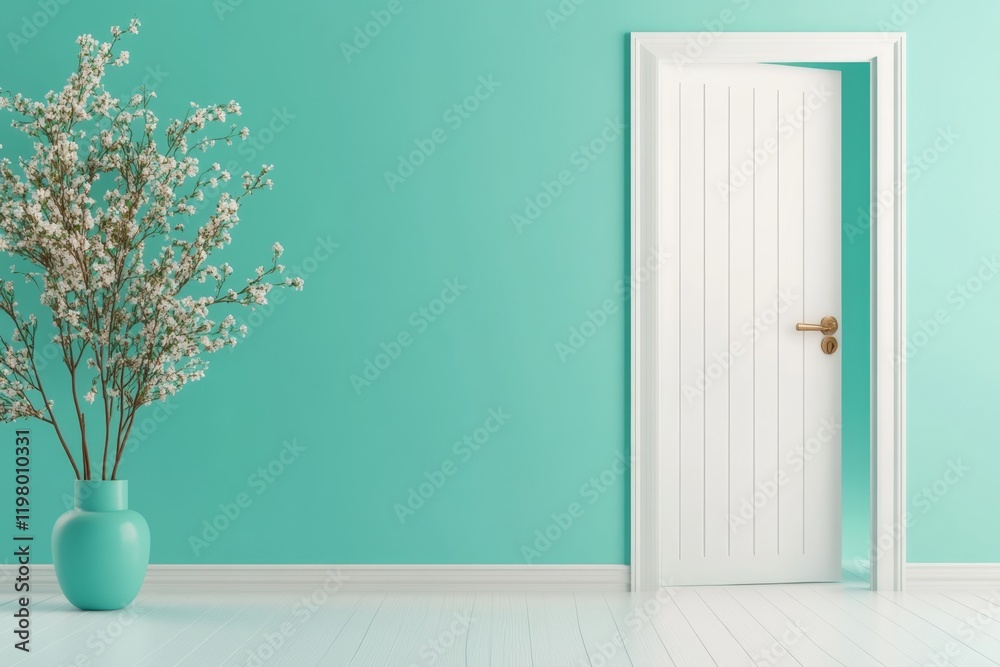 Poster A minimalist concept of an open door with soft light shining through, symbolizing a warm welcome in muted blue tones