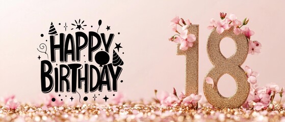 Fototapeta premium Elegant 18th Birthday Celebration: Gold Glitter Number with Pink Flowers