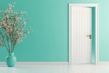 A minimalist concept of an open door with soft light shining through, symbolizing a warm welcome in muted blue tones