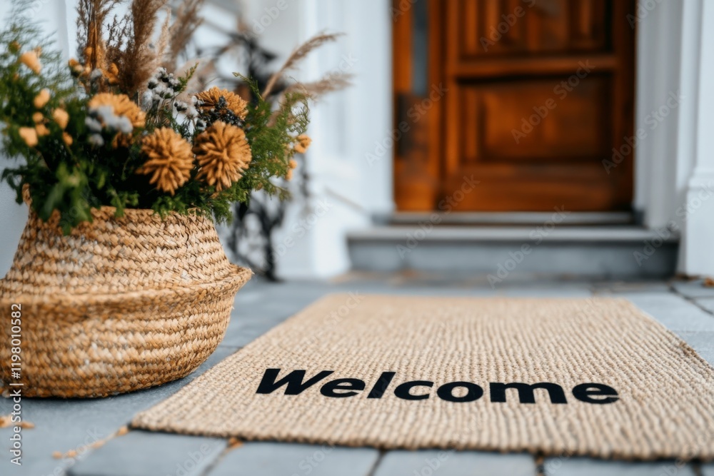 Poster a minimalist design of a clean, modern welcome mat with a single bold word â€œwelcomeâ€ in black on
