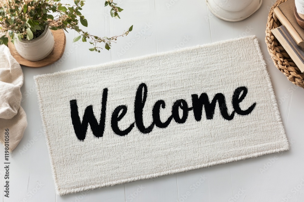 Poster a minimalist design of a clean, modern welcome mat with a single bold word â€œwelcomeâ€ in black on