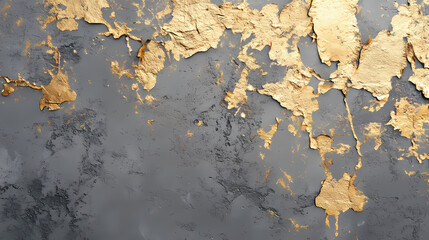 Distressed gold leaf texture on concrete wall, abstract luxury background with peeling metallic foil and exposed gray surface. Frostthorn. Illustration