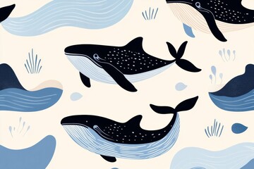 Obraz premium A minimalist pattern of small whale silhouettes and waves, evenly spaced in light blue on a beige background