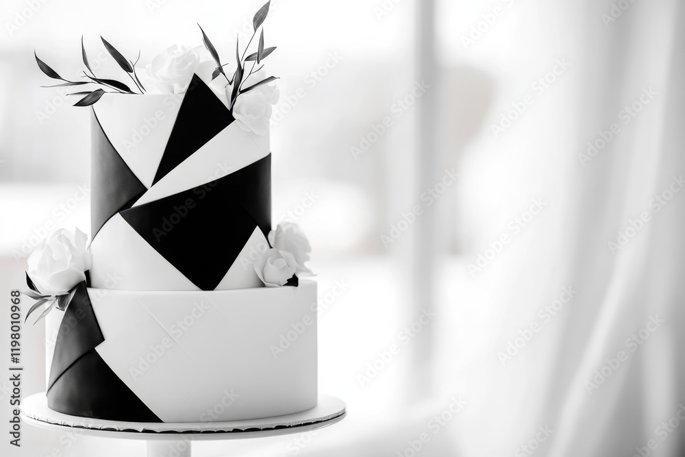 Poster a modern, geometric wedding cake with sharp edges and a simple monochromatic design in black and whi