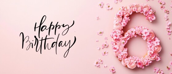 Naklejka premium Happy 6th Birthday Cake Number Shaped with Pink Flowers and Frosting