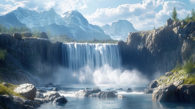 Majestic waterfall cascading over rocky cliffs, surrounded by mountains and lush greenery. Generative AI