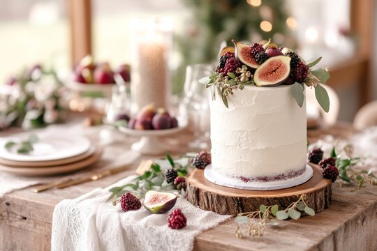 A minimalist wedding cake with a white matte finish, topped with fresh figs, blackberries, and gold accents for a modern touch