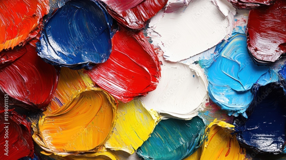 Poster brightly colored paint blobs arranged in an artistic display for creative projects. generative ai