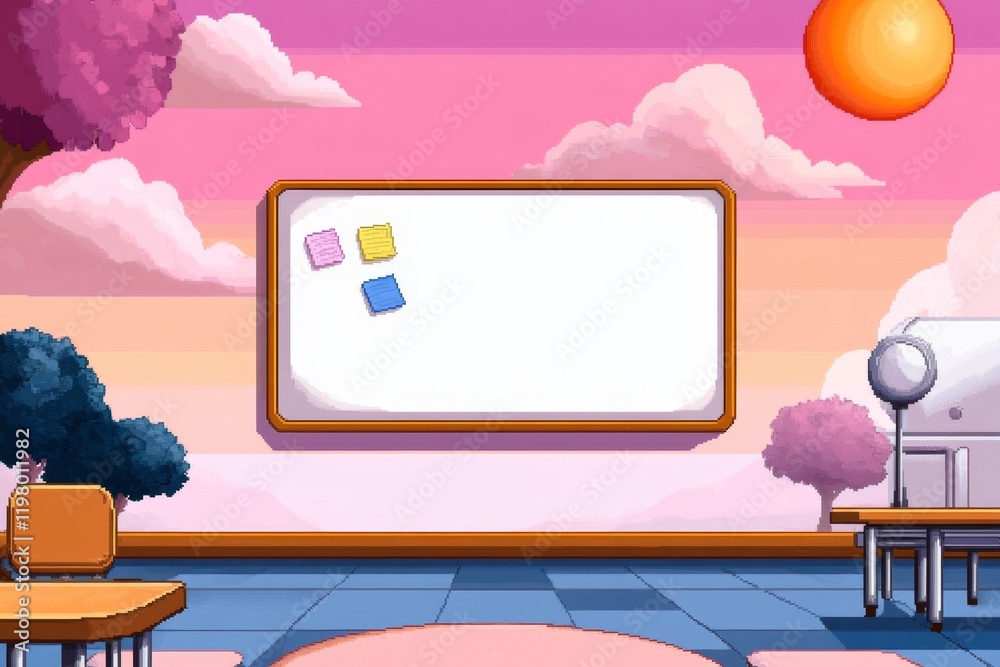 Poster A pixel art depiction of a whiteboard with tiny colorful notes and a cheerful classroom backdrop, rendered in a retro, 8-bit style