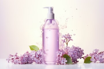 Purple cosmetic product bottle with pump dispenser surrounded by splashing water and lilac flowers on light background