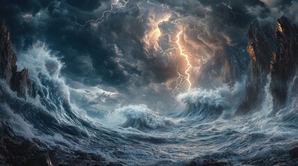 Fototapeta premium Breathtaking storm over turbulent ocean waves with dramatic lightning and dark clouds. Generative AI