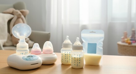 Breast pump with accessories and baby bottles on wooden table in cozy nursery
