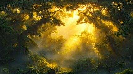 Obraz premium Sunlight filters through dense trees in a mystical forest during early morning hours. Generative AI