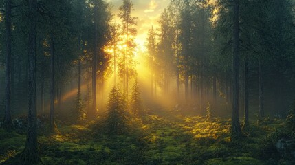 Obraz premium Sunlight filters through tall trees in a serene forest at dawn, creating a magical atmosphere. Generative AI