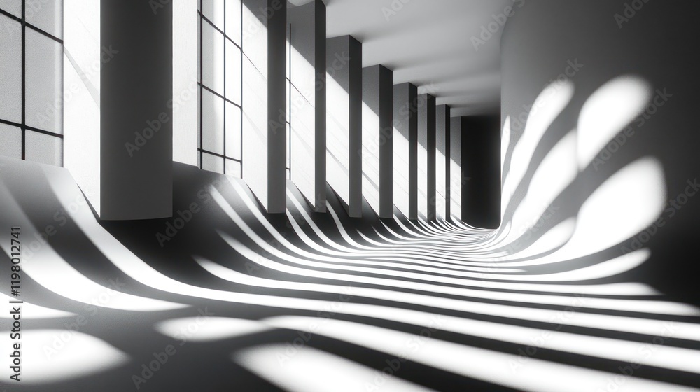 Poster light and shadow play in an abstract interior space with curved lines and large windows. generative 