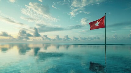 Fototapeta premium A serene view of the Maldives flag overlooking a tranquil lagoon, reflecting the sky