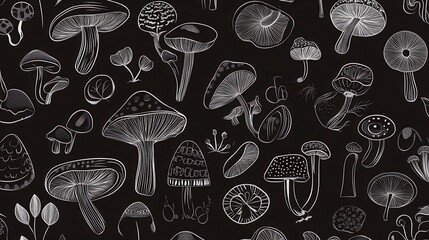 Elegant White Line Art Mushroom Illustrations on a Dark Background